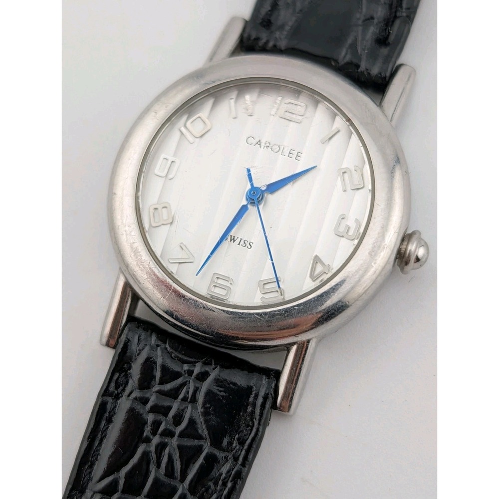 Carolee Women's Swiss Watch 30mm Silver Case Black Leather Band- New Battery